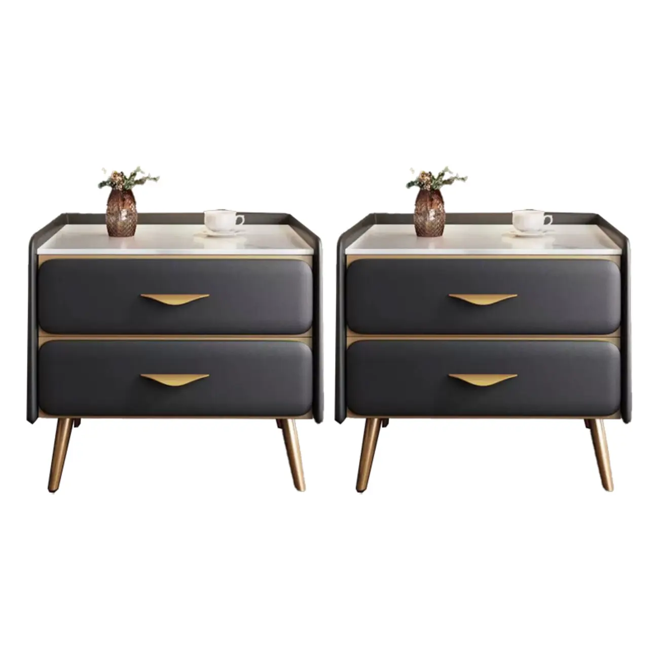 Stone Top Leather 2 Drawers Nightstand with Gold Legs & Handles Image - 13 | homeyfad