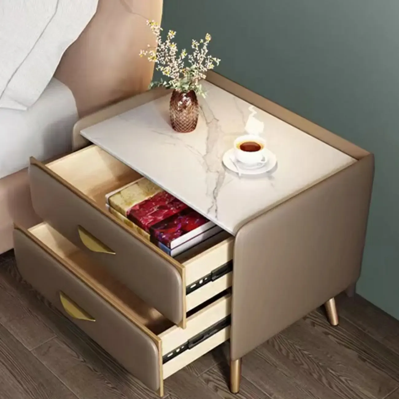 Stone Top Leather 2 Drawers Nightstand with Gold Legs & Handles Image - 2