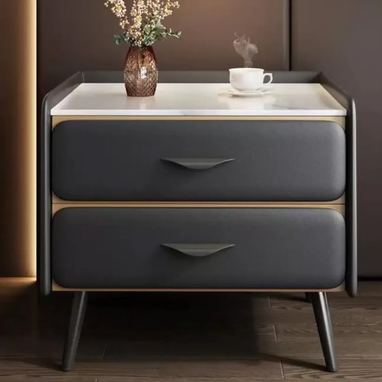 Stone Top Leather 2 Drawers Nightstand with Gold Legs & Handles Image - 11