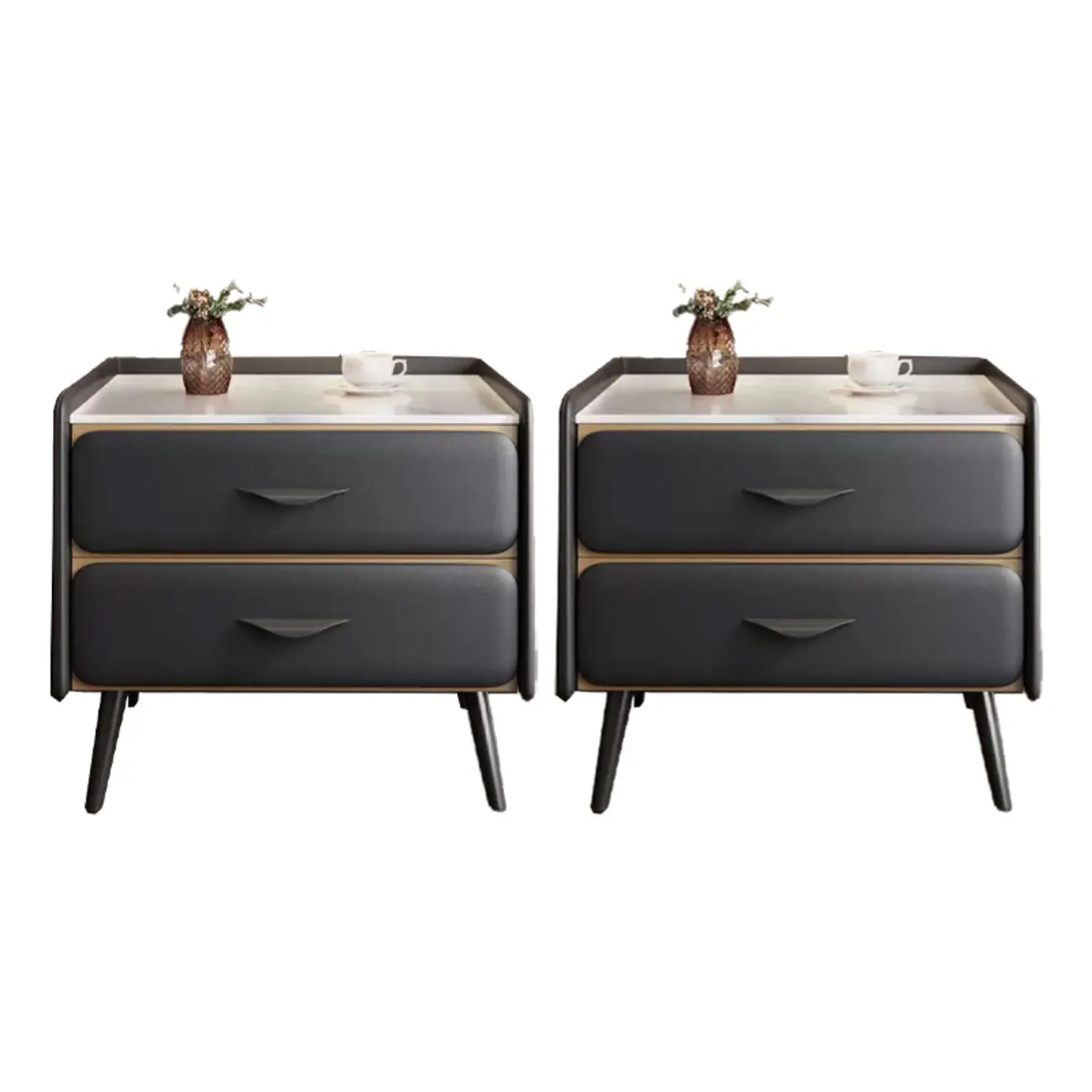 Stone Top Leather 2 Drawers Nightstand with Gold Legs & Handles Image - 14 | homeyfad