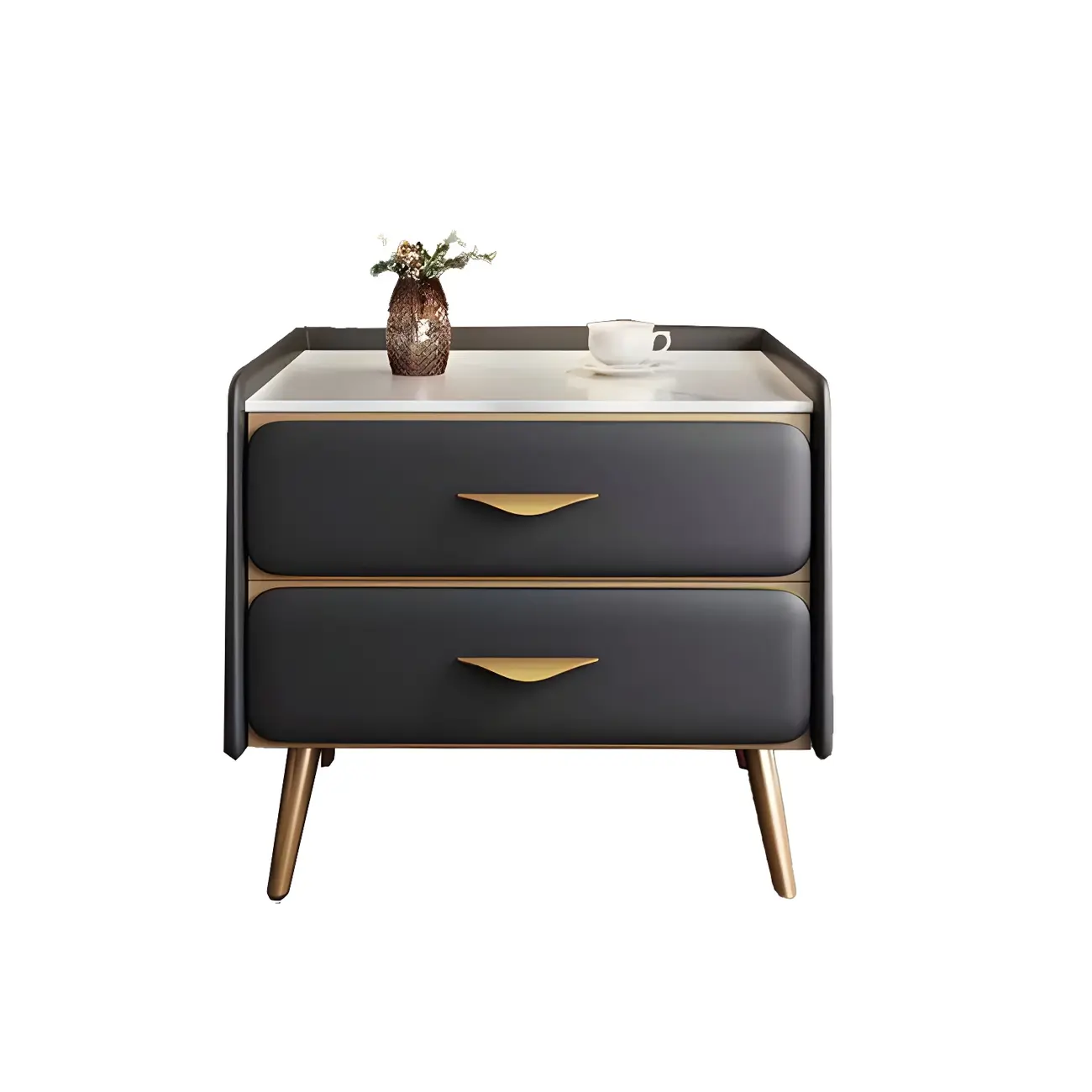 Stone Top Leather 2 Drawers Nightstand with Gold Legs & Handles Image - 12 | homeyfad