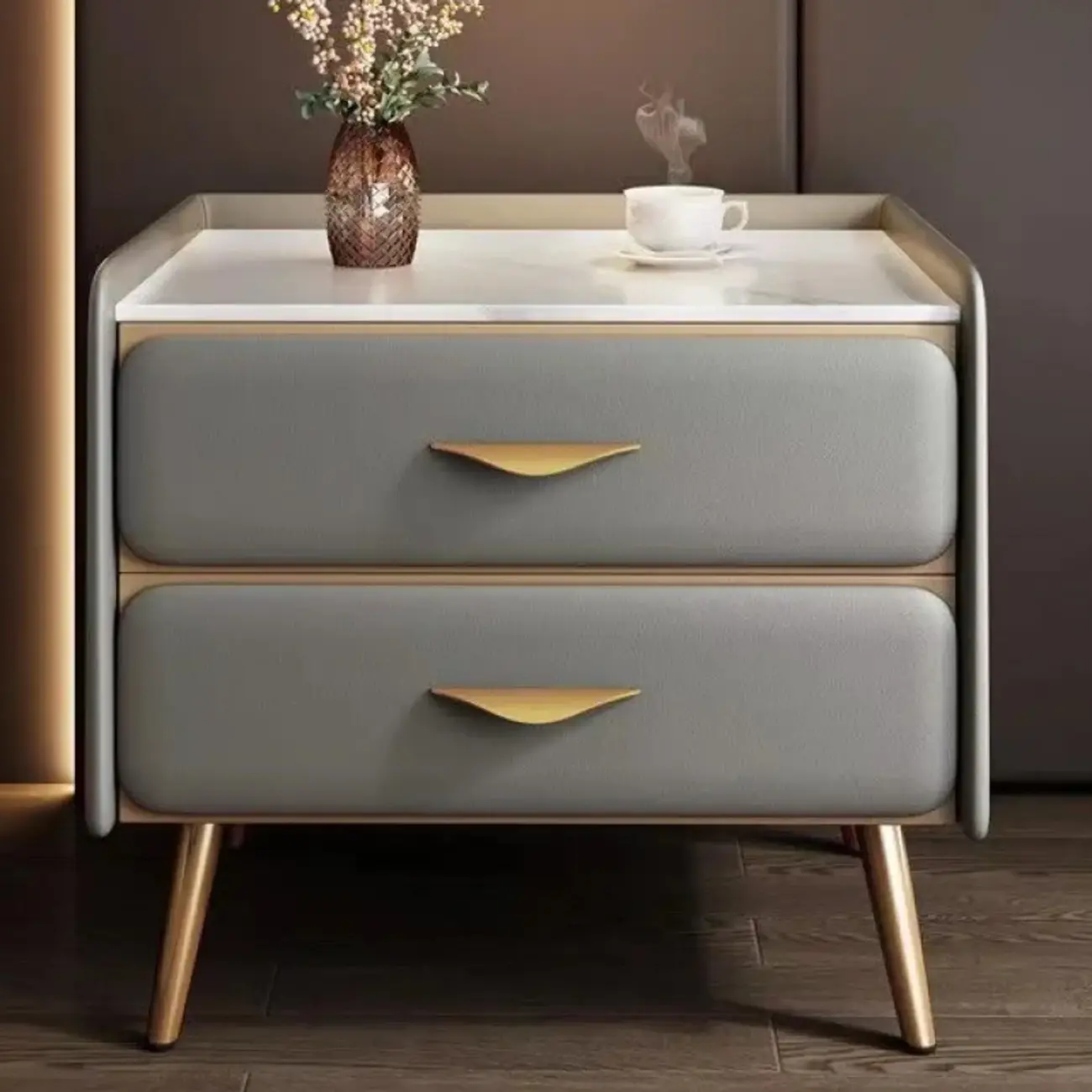 Stone Top Leather 2 Drawers Nightstand with Gold Legs & Handles Image - 8 | homeyfad
