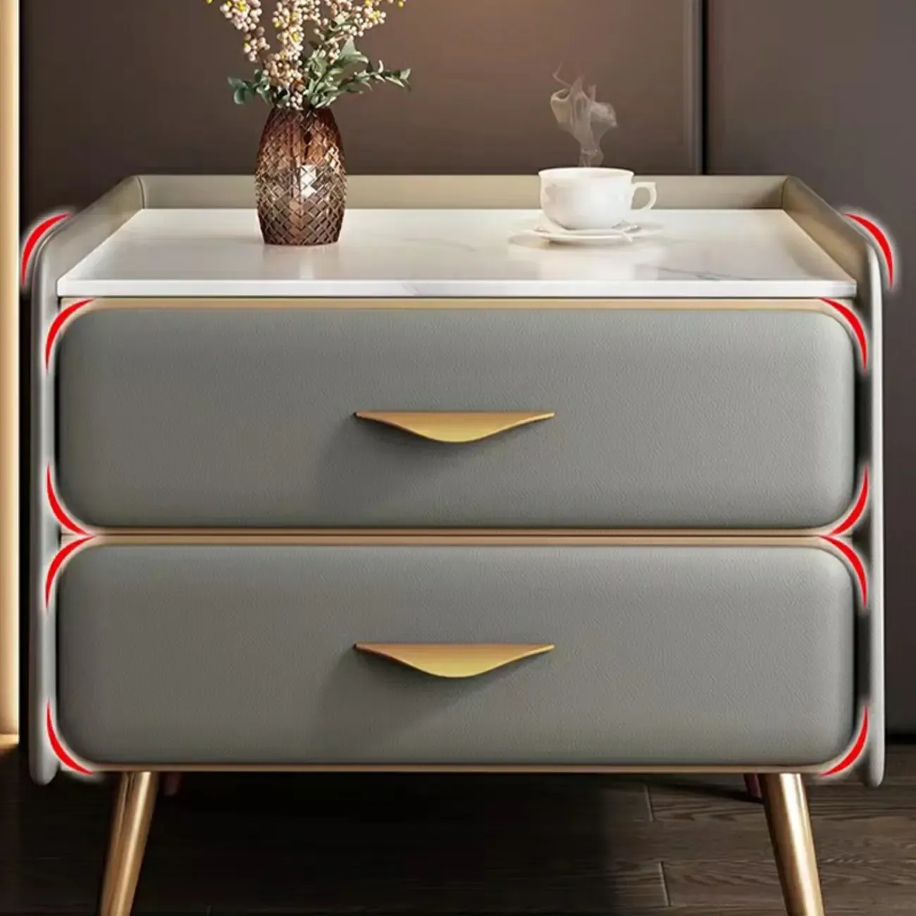 Stone Top Leather 2 Drawers Nightstand with Gold Legs & Handles Image - 4