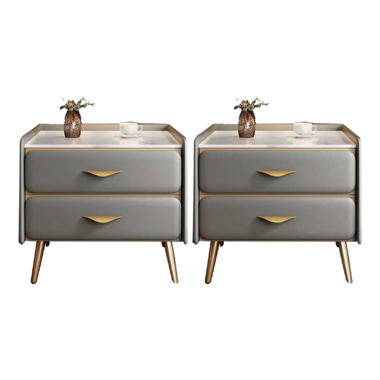 Stone Top Leather 2 Drawers Nightstand with Gold Legs & Handles Image - 15 | homeyfad