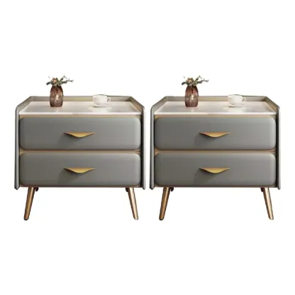 Stone Top Leather 2 Drawers Nightstand with Gold Legs & Handles Image - 15