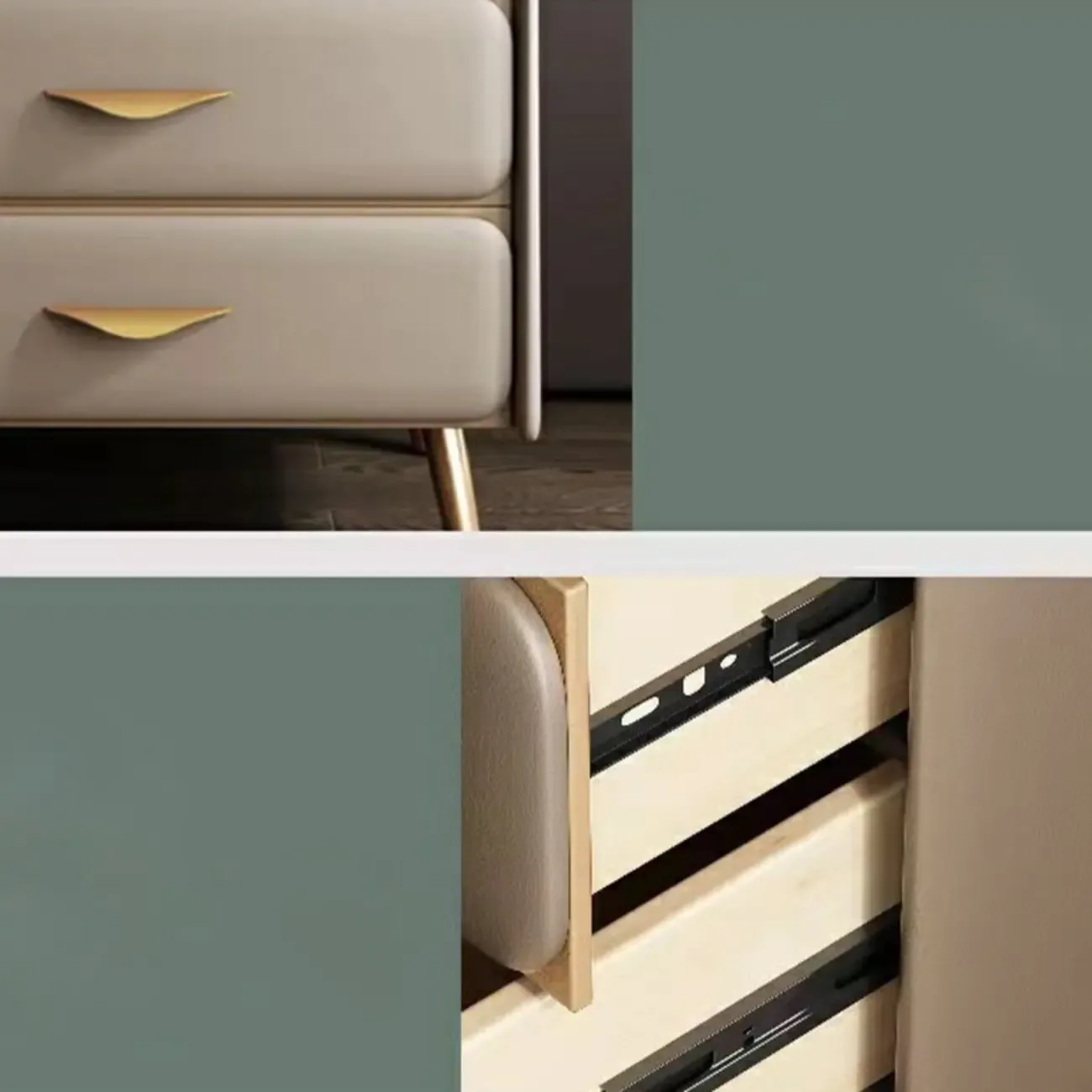 Stone Top Leather 2 Drawers Nightstand with Gold Legs & Handles Image - 5