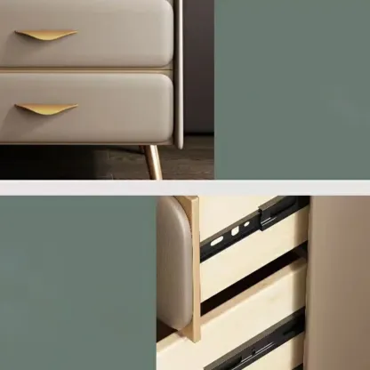 Stone Top Leather 2 Drawers Nightstand with Gold Legs & Handles Image - 5