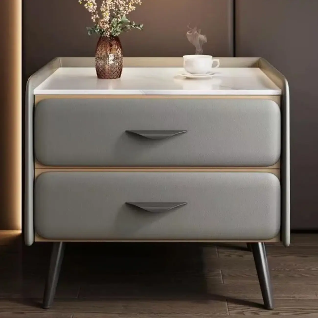 Stone Top Leather 2 Drawers Nightstand with Gold Legs & Handles Image - 16 | homeyfad