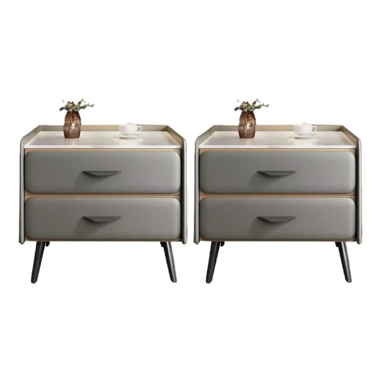 Stone Top Leather 2 Drawers Nightstand with Gold Legs & Handles Image - 17