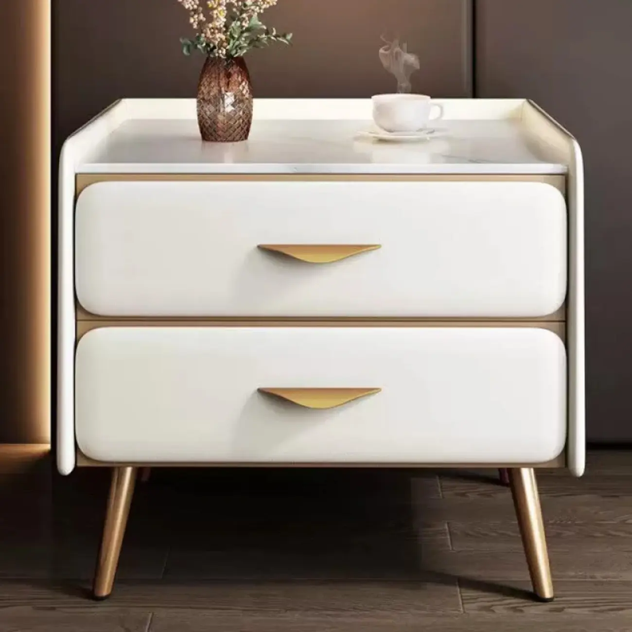 Stone Top Leather 2 Drawers Nightstand with Gold Legs & Handles Image - 9 | homeyfad
