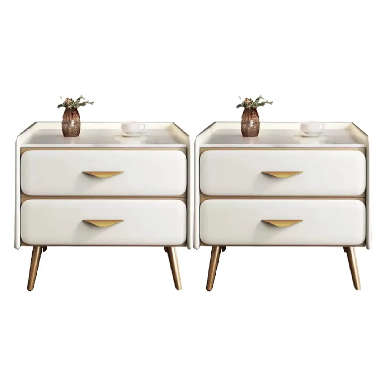 Stone Top Leather 2 Drawers Nightstand with Gold Legs & Handles Image - 18