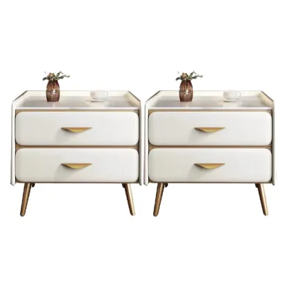 Stone Top Leather 2 Drawers Nightstand with Gold Legs & Handles Image - 18