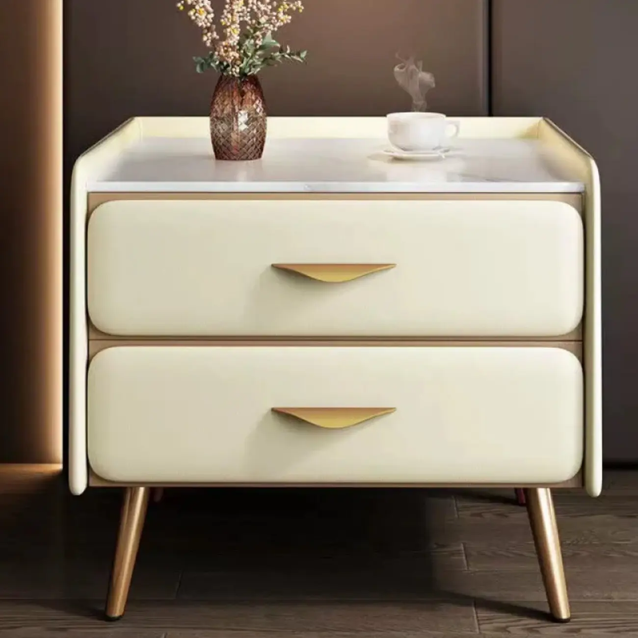 Stone Top Leather 2 Drawers Nightstand with Gold Legs & Handles Image - 19 | homeyfad