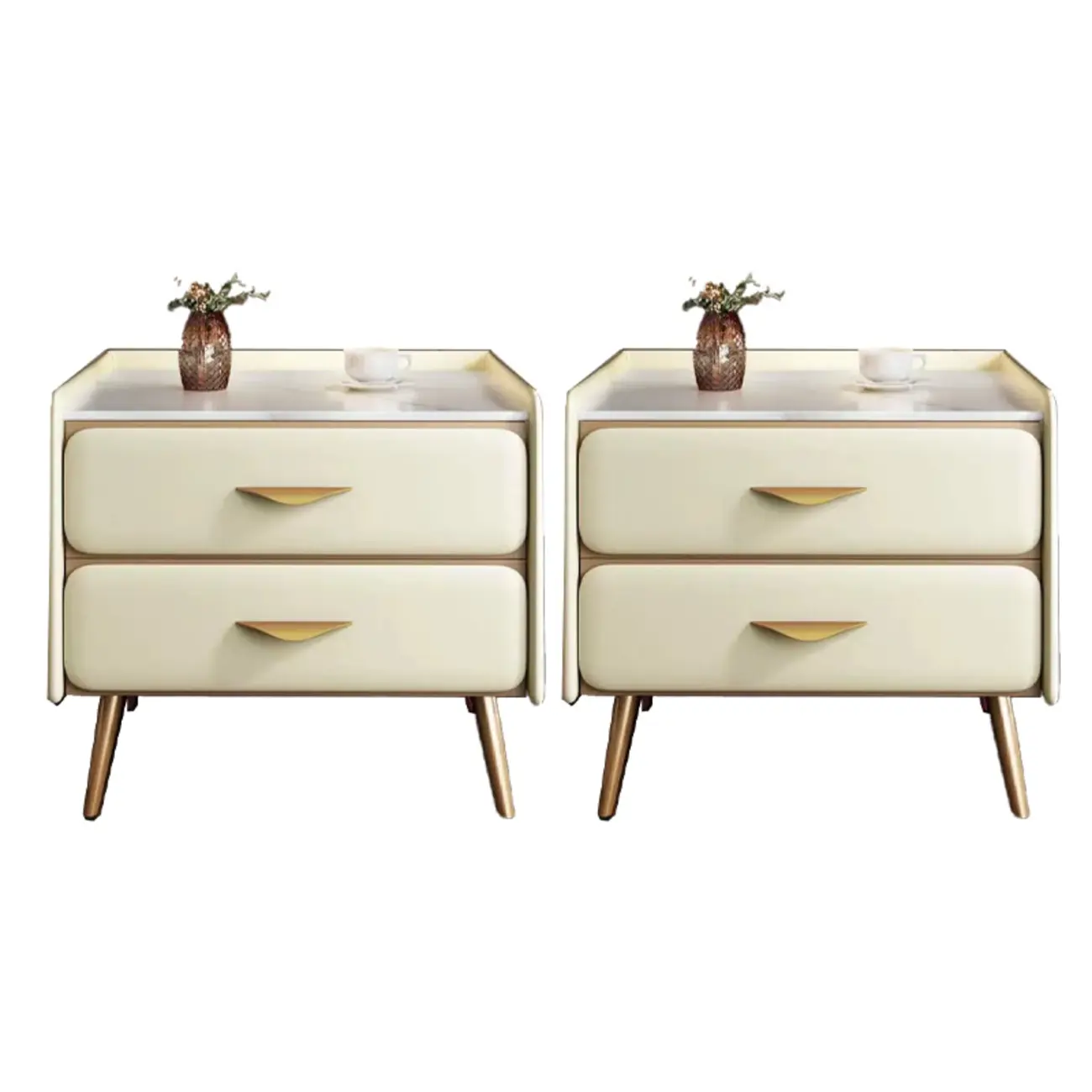 Stone Top Leather 2 Drawers Nightstand with Gold Legs & Handles Image - 20 | homeyfad