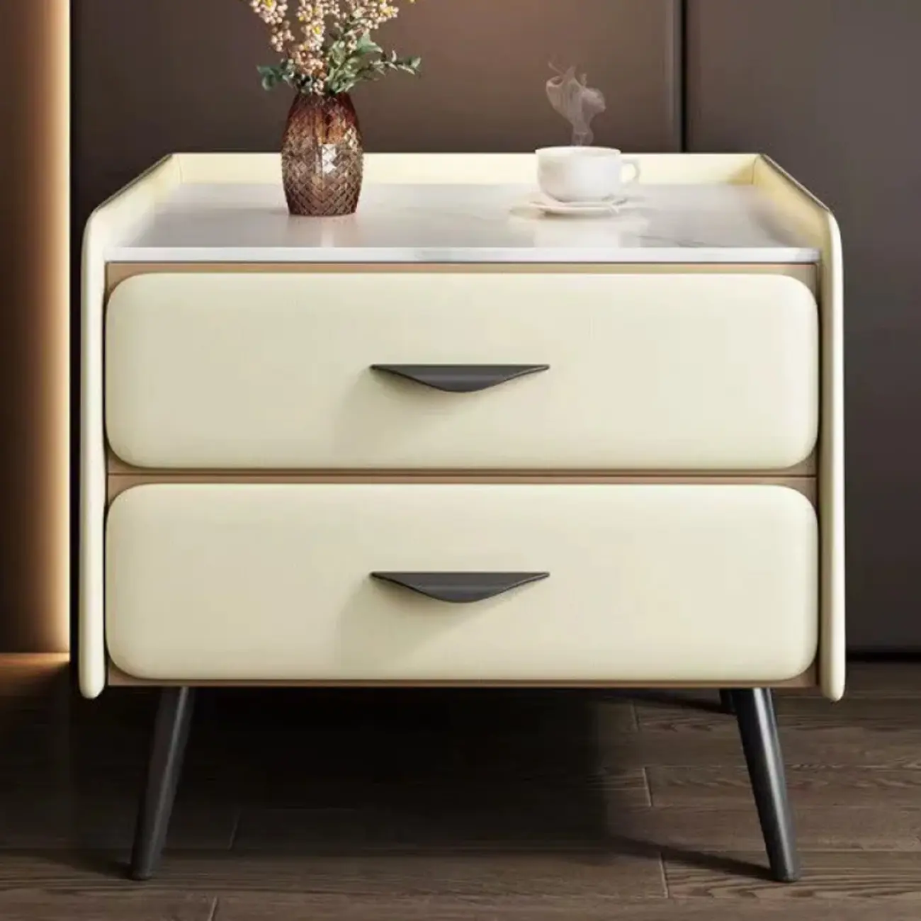 Stone Top Leather 2 Drawers Nightstand with Gold Legs & Handles Image - 21 | homeyfad