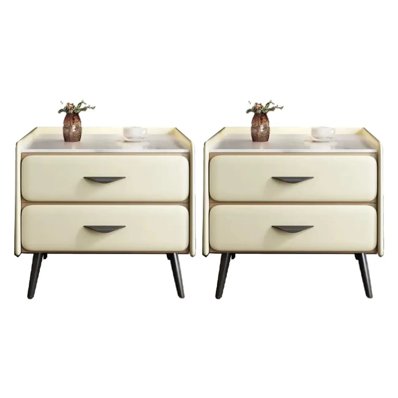Stone Top Leather 2 Drawers Nightstand with Gold Legs & Handles Image - 22
