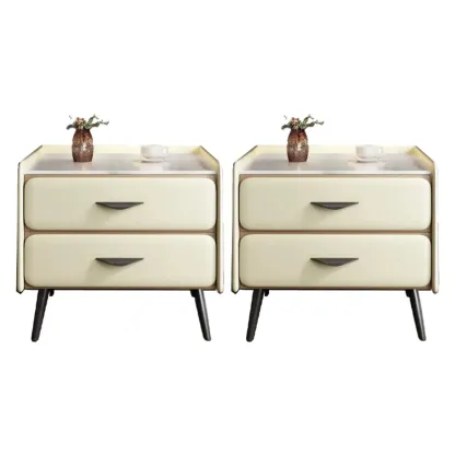 Stone Top Leather 2 Drawers Nightstand with Gold Legs & Handles Image - 22