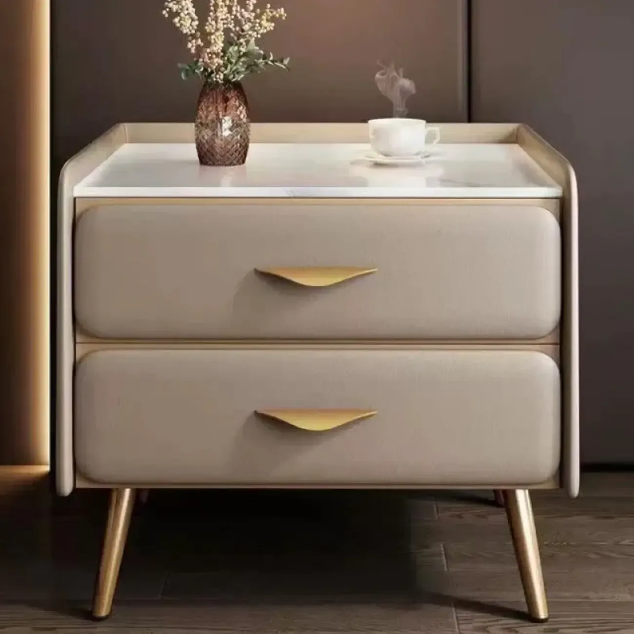 Stone Top Leather 2 Drawers Nightstand with Gold Legs & Handles Image - 23