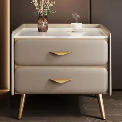 Stone Top Leather 2 Drawers Nightstand with Gold Legs & Handles Image - 23