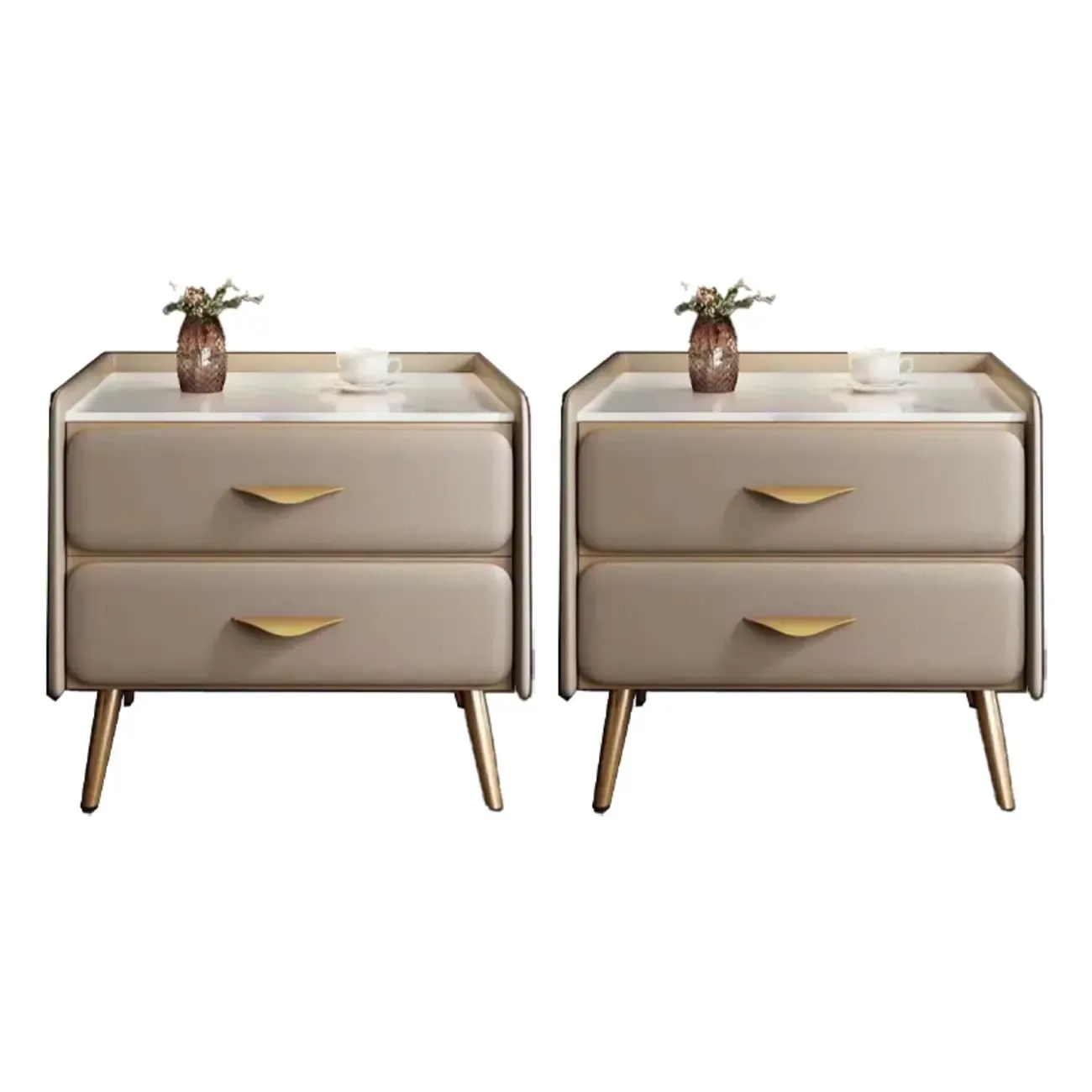 Stone Top Leather 2 Drawers Nightstand with Gold Legs & Handles Image - 24