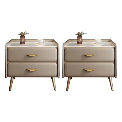 Stone Top Leather 2 Drawers Nightstand with Gold Legs & Handles Image - 24