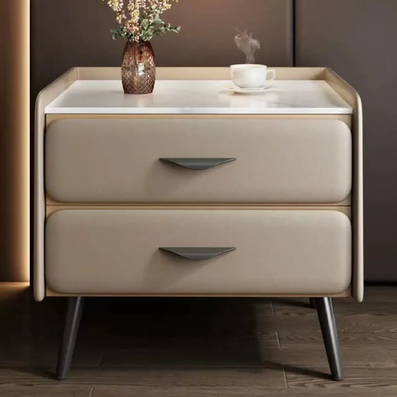 Stone Top Leather 2 Drawers Nightstand with Gold Legs & Handles Image - 25 | homeyfad