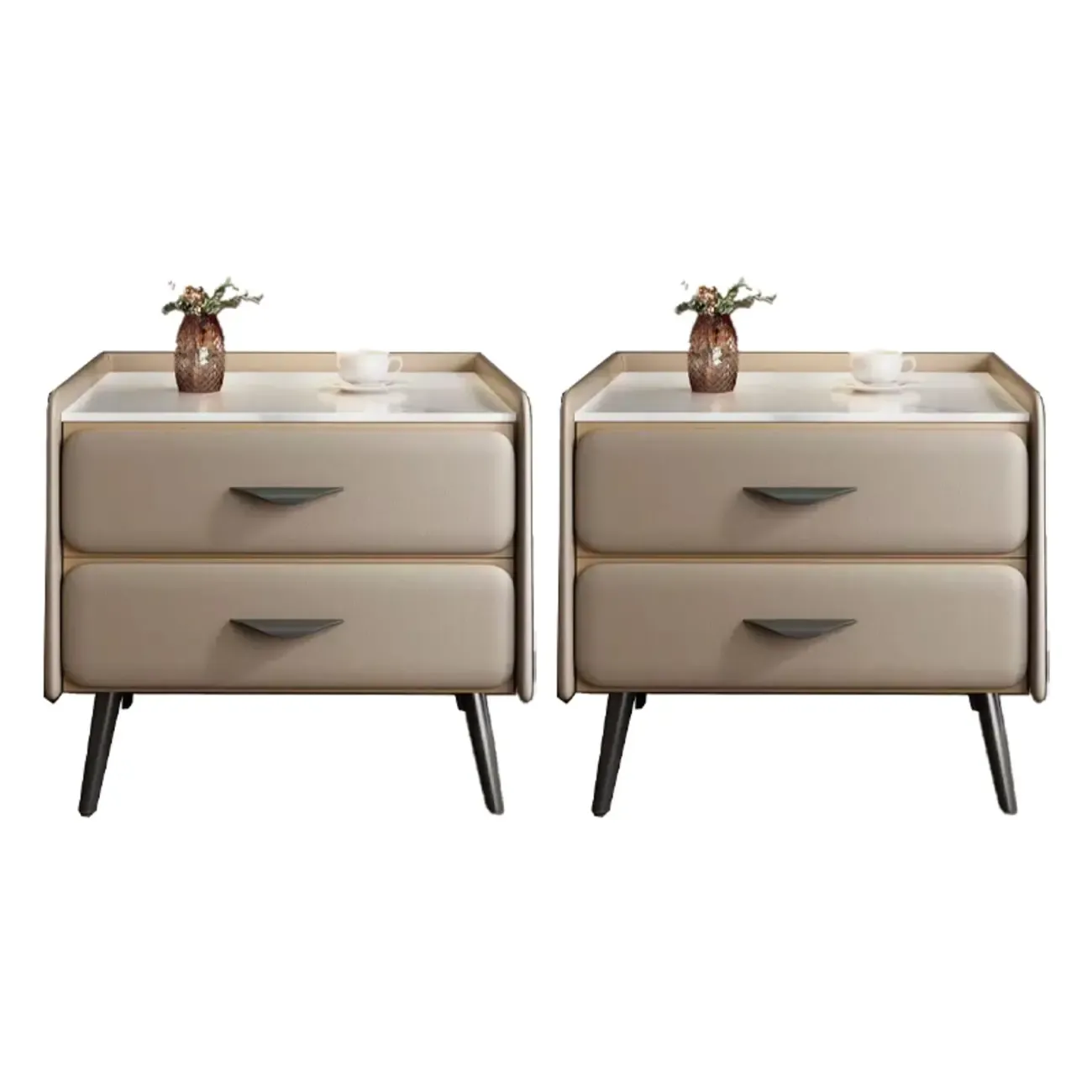 Stone Top Leather 2 Drawers Nightstand with Gold Legs & Handles Image - 26