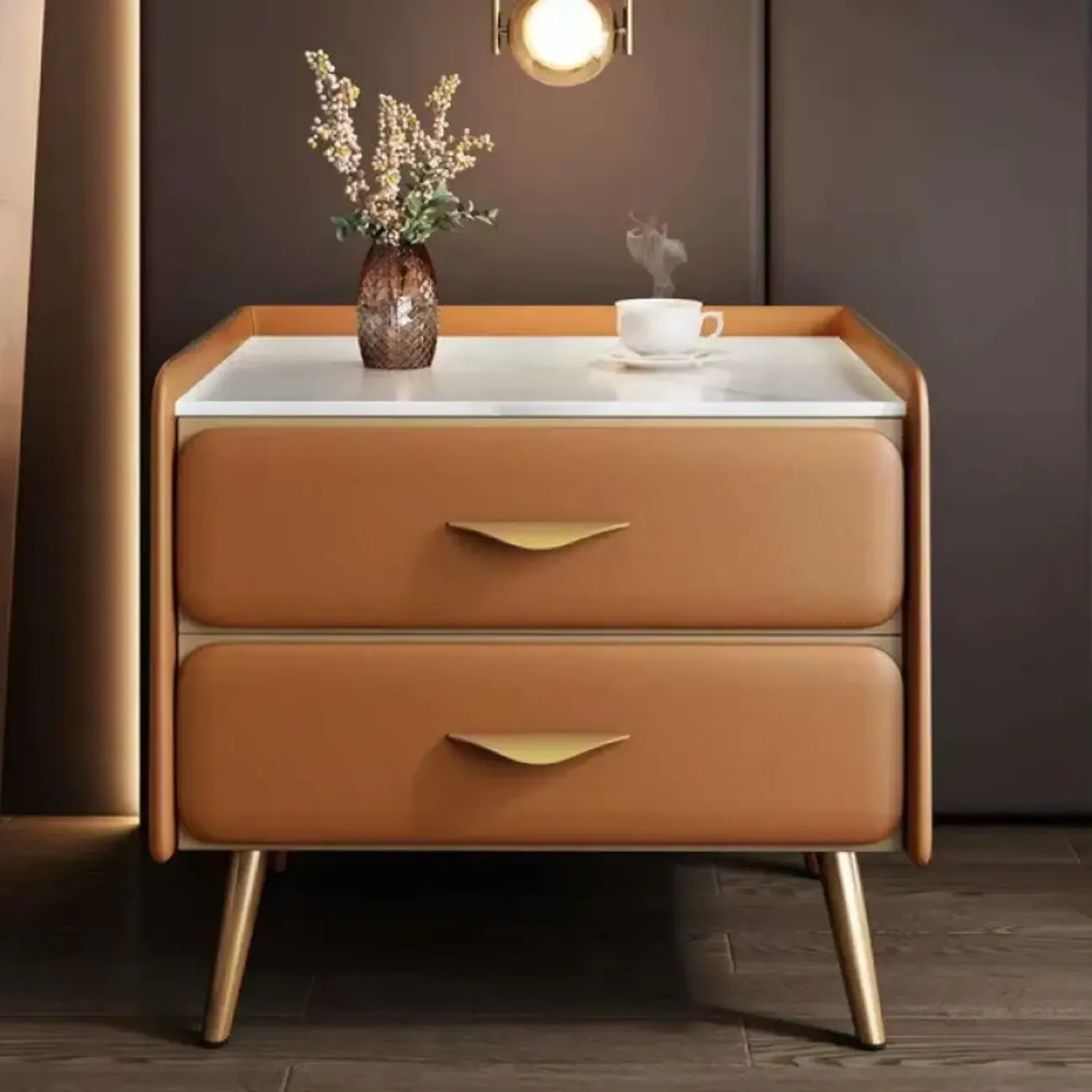 Stone Top Leather 2 Drawers Nightstand with Gold Legs & Handles Image - 6