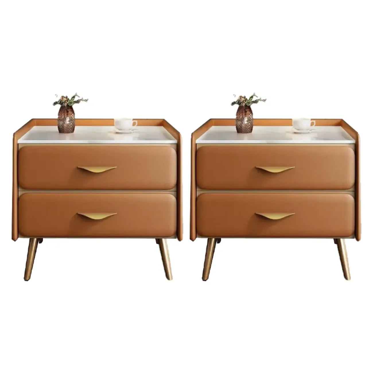 Stone Top Leather 2 Drawers Nightstand with Gold Legs & Handles Image - 27