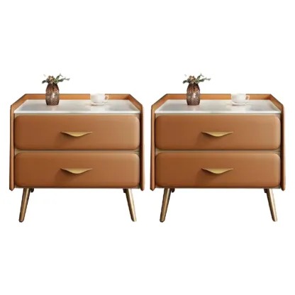 Stone Top Leather 2 Drawers Nightstand with Gold Legs & Handles Image - 27
