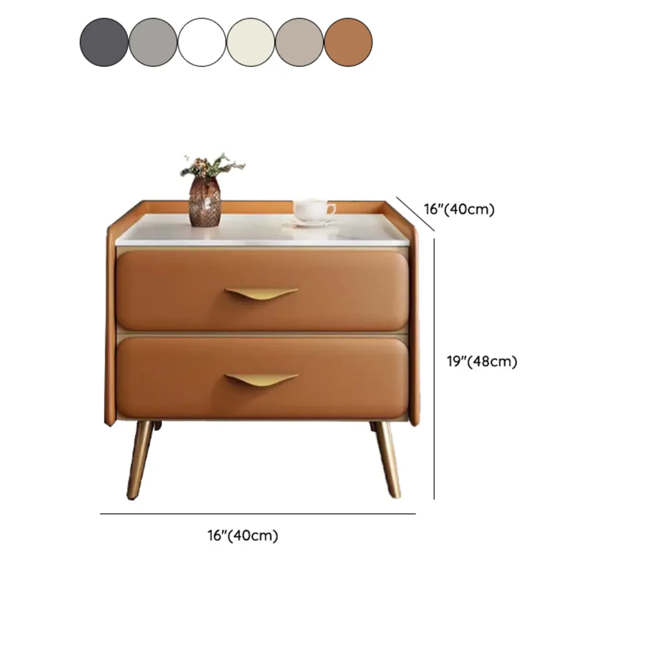 Stone Top Leather 2 Drawers Nightstand with Gold Legs & Handles Image - 29 | homeyfad