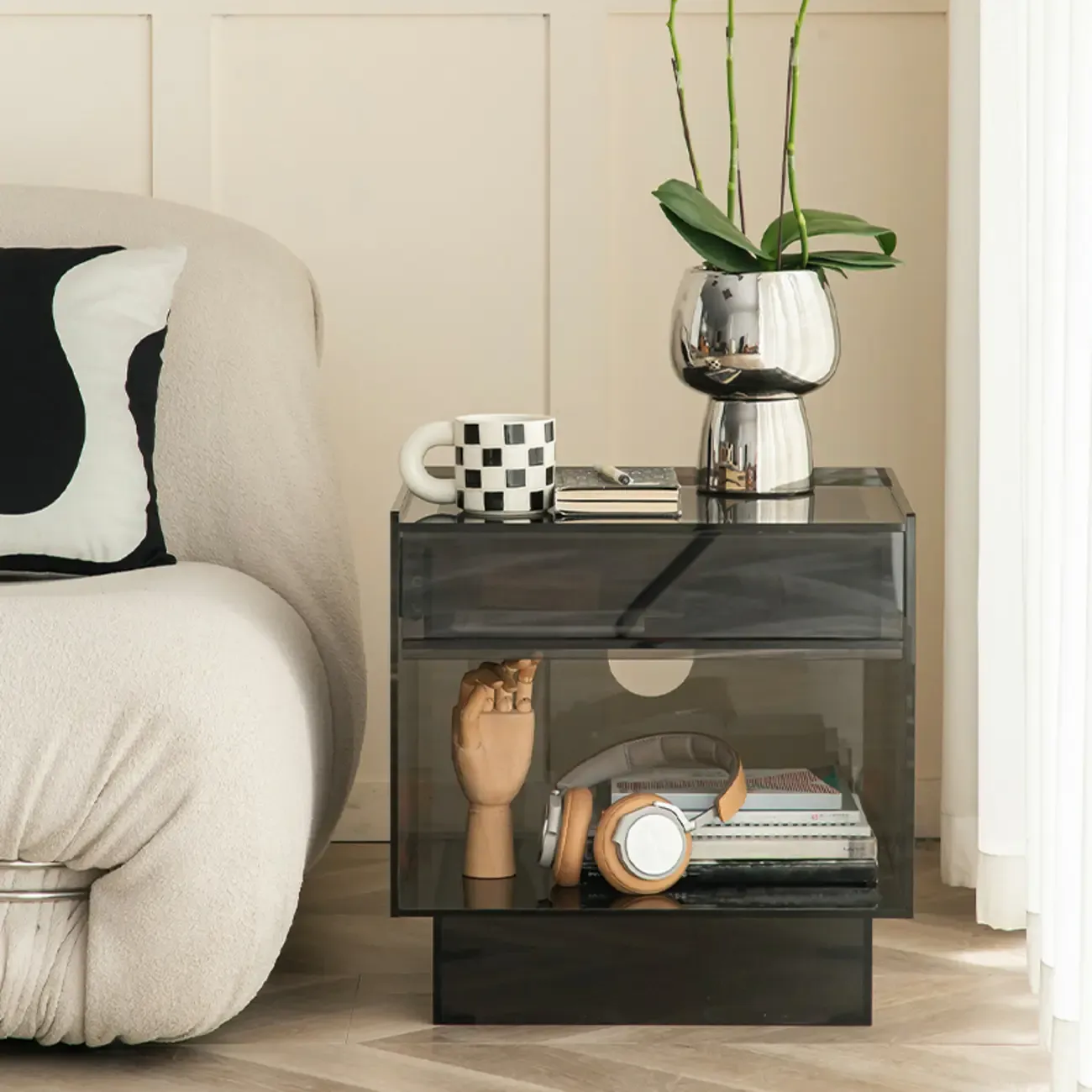 Modern Small Acrylic Nightstand with Drawer Image - 6