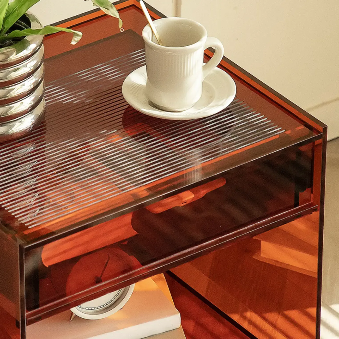 Modern Small Acrylic Nightstand with Drawer Image - 3