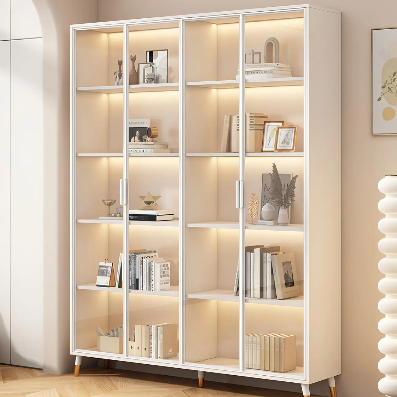 White Wooden 5 Tiers Display Cabinet with Glass Doors Image - 1 | homeyfad