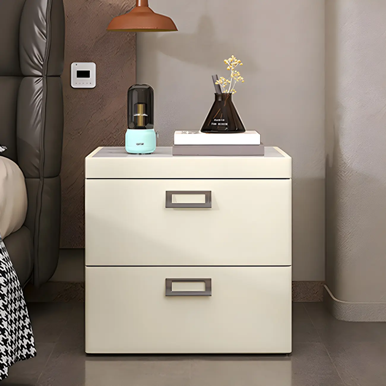 Modern Faux Leather 2 Drawers Nightstand with Stone Top Image - 1 | homeyfad