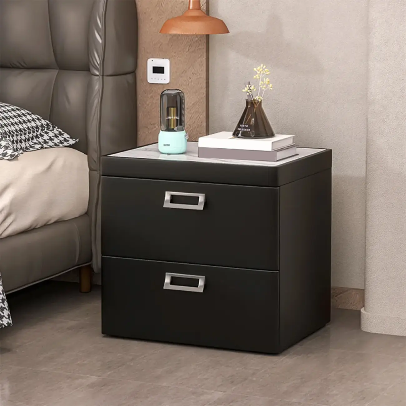 Modern Faux Leather 2 Drawers Nightstand with Stone Top Image - 5 | homeyfad