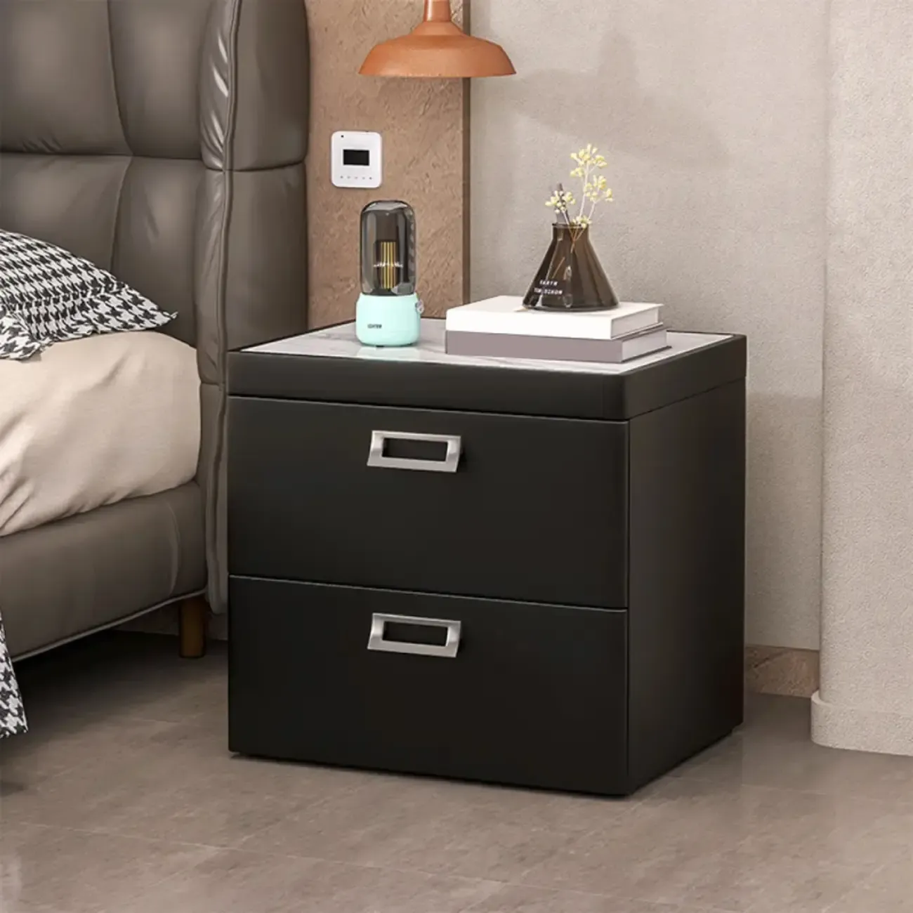 Modern Faux Leather 2 Drawers Nightstand with Stone Top Image - 5