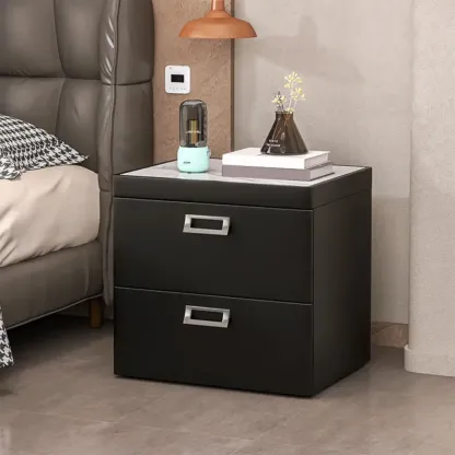 Modern Faux Leather 2 Drawers Nightstand with Stone Top Image - 5