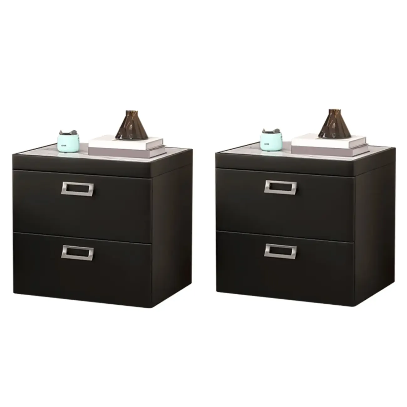 Modern Faux Leather 2 Drawers Nightstand with Stone Top Image - 9