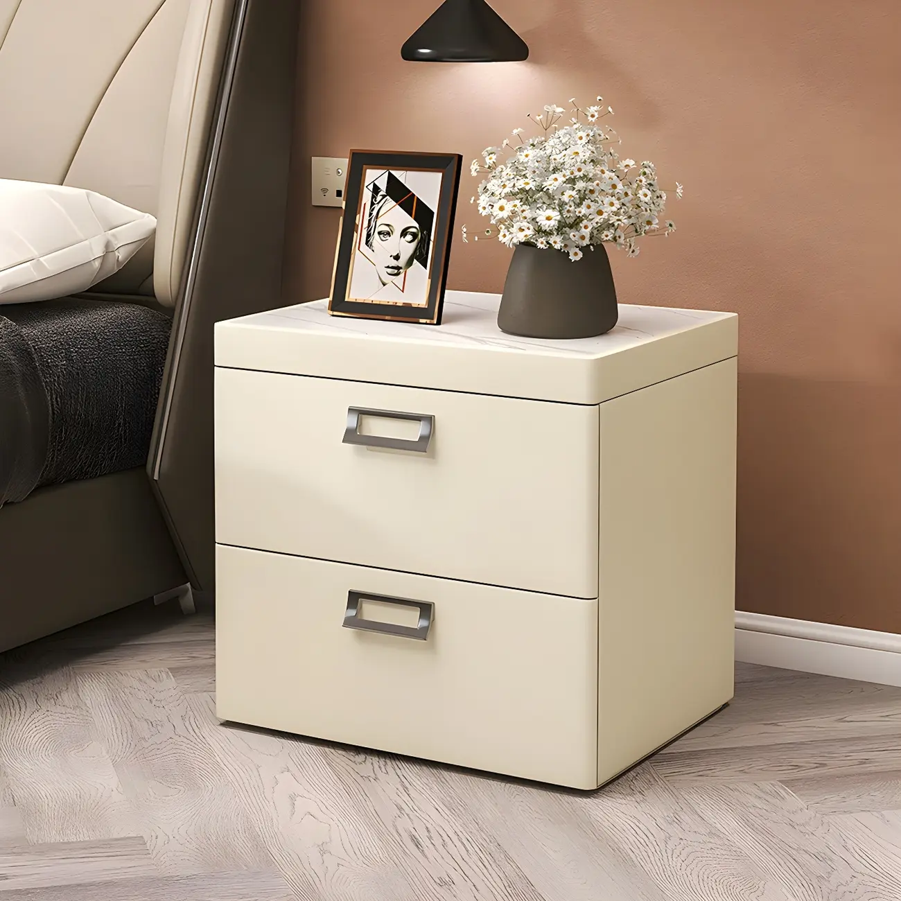 Modern Faux Leather 2 Drawers Nightstand with Stone Top Image - 2 | homeyfad