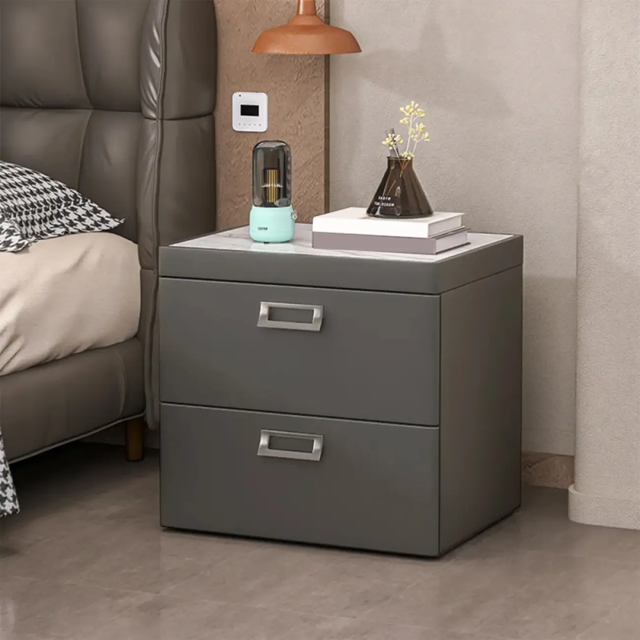 Modern Faux Leather 2 Drawers Nightstand with Stone Top Image - 10 | homeyfad