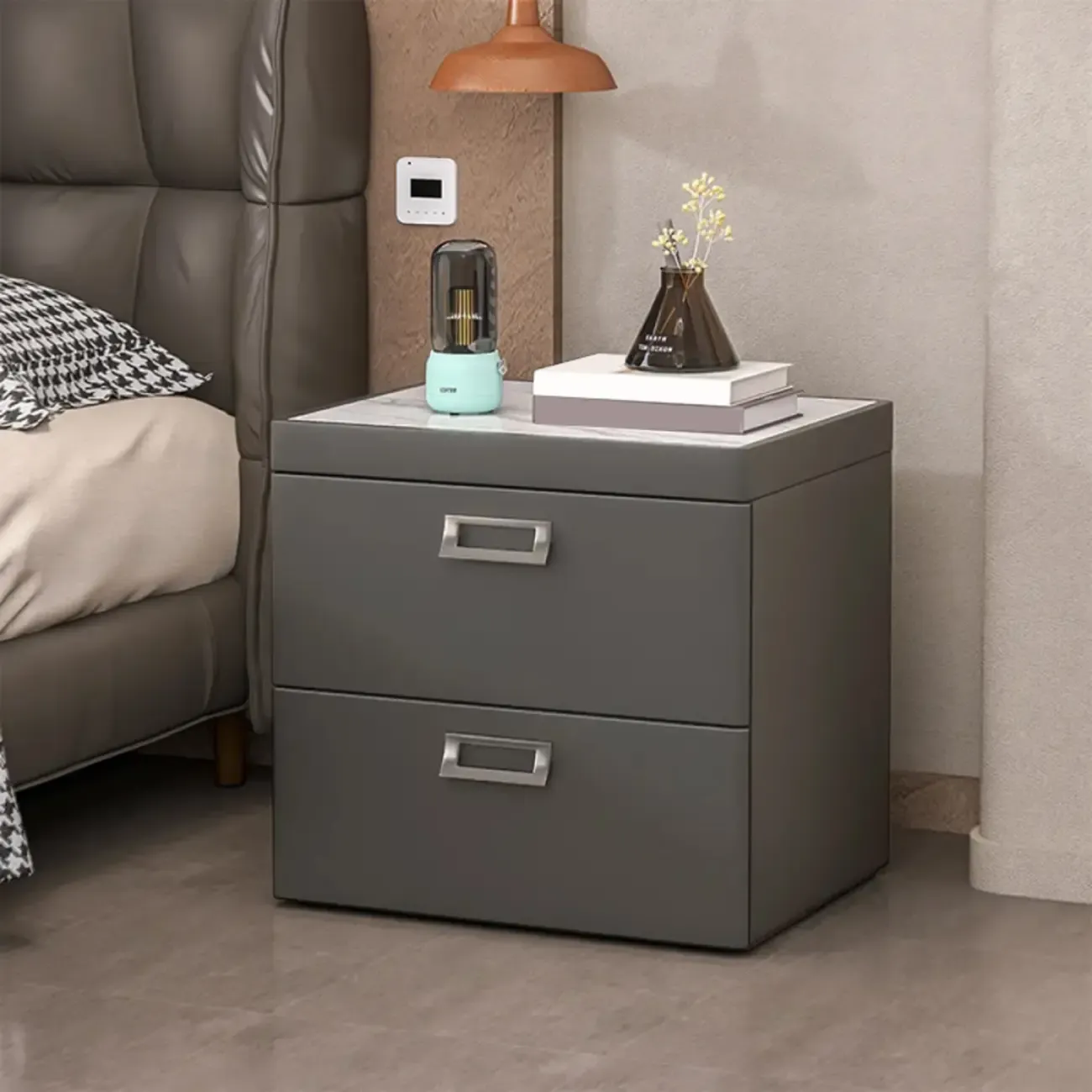 Modern Faux Leather 2 Drawers Nightstand with Stone Top Image - 10