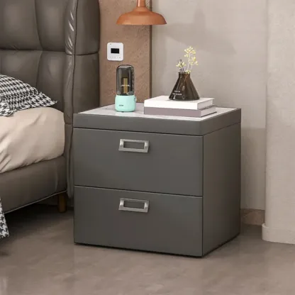 Modern Faux Leather 2 Drawers Nightstand with Stone Top Image - 10