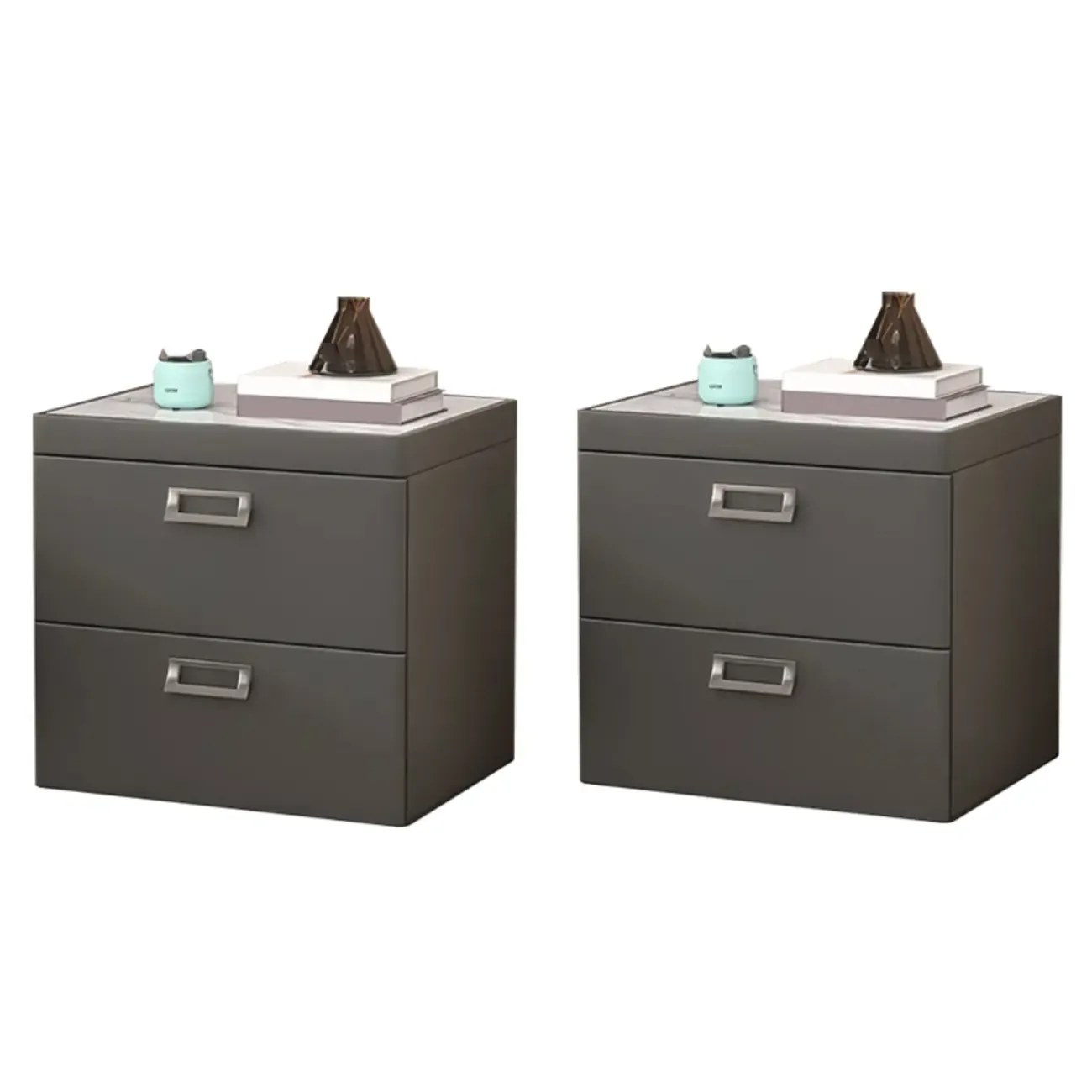 Modern Faux Leather 2 Drawers Nightstand with Stone Top Image - 11