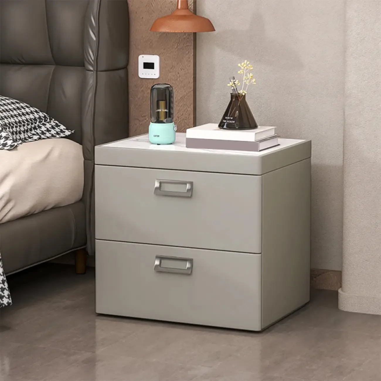 Modern Faux Leather 2 Drawers Nightstand with Stone Top Image - 12 | homeyfad