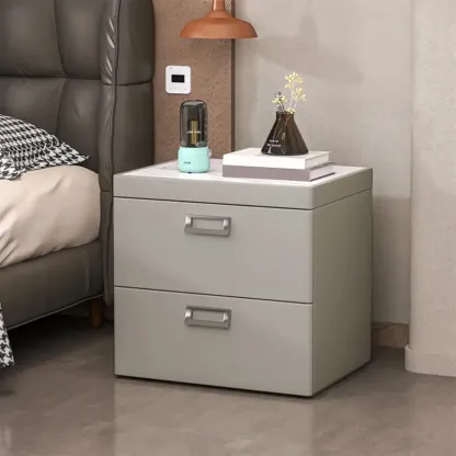 Modern Faux Leather 2 Drawers Nightstand with Stone Top Image - 12