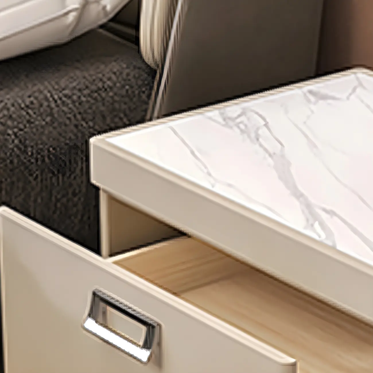 Modern Faux Leather 2 Drawers Nightstand with Stone Top Image - 7 | homeyfad