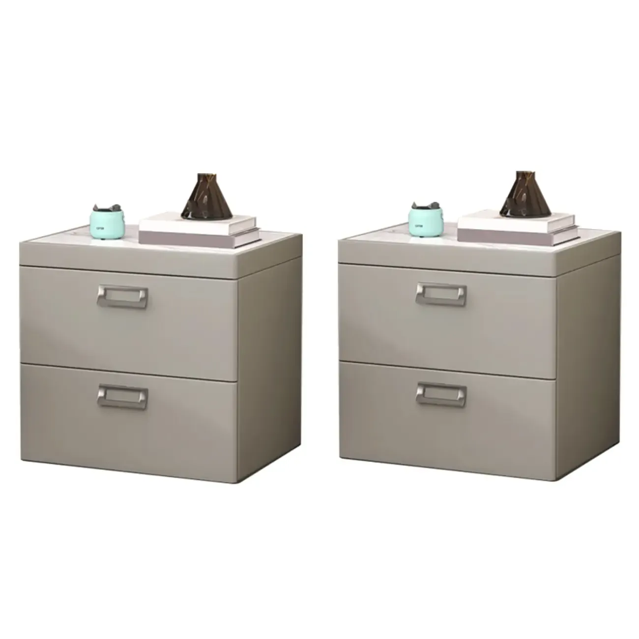 Modern Faux Leather 2 Drawers Nightstand with Stone Top Image - 13