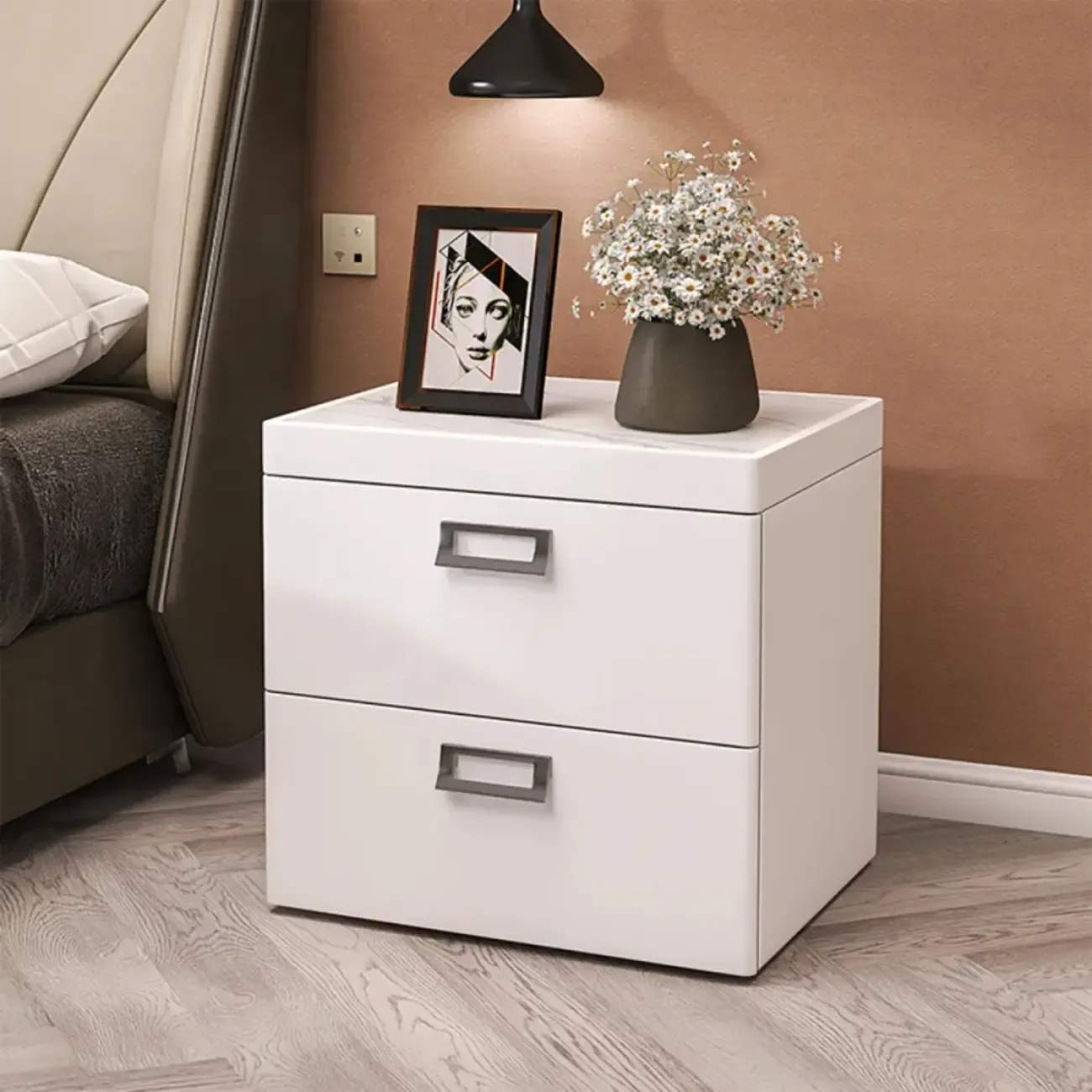 Modern Faux Leather 2 Drawers Nightstand with Stone Top Image - 14