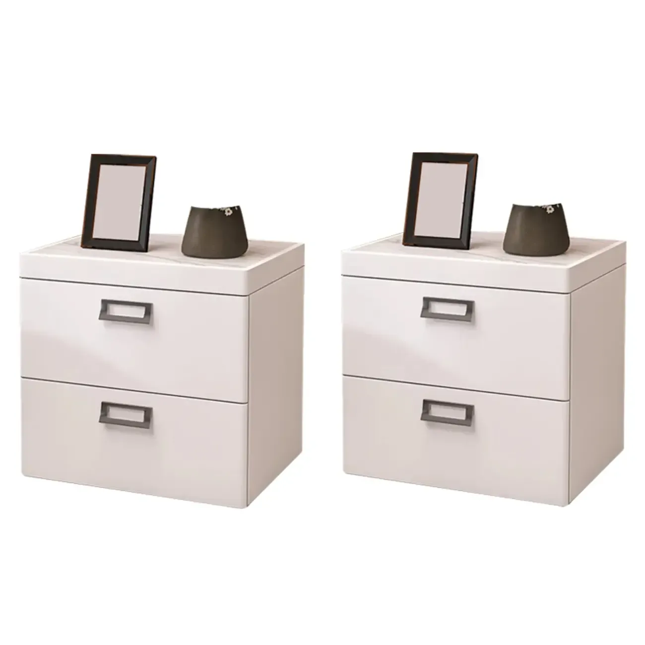 Modern Faux Leather 2 Drawers Nightstand with Stone Top Image - 15
